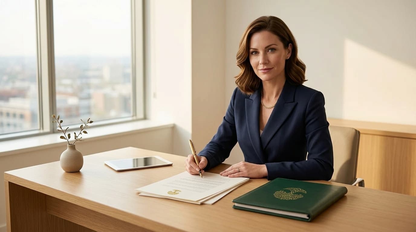 Entrepreneur signing an important document at her desk