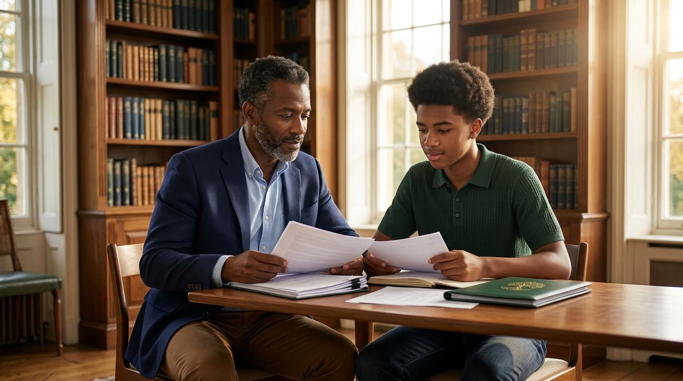 Father and son reviewing important documents together